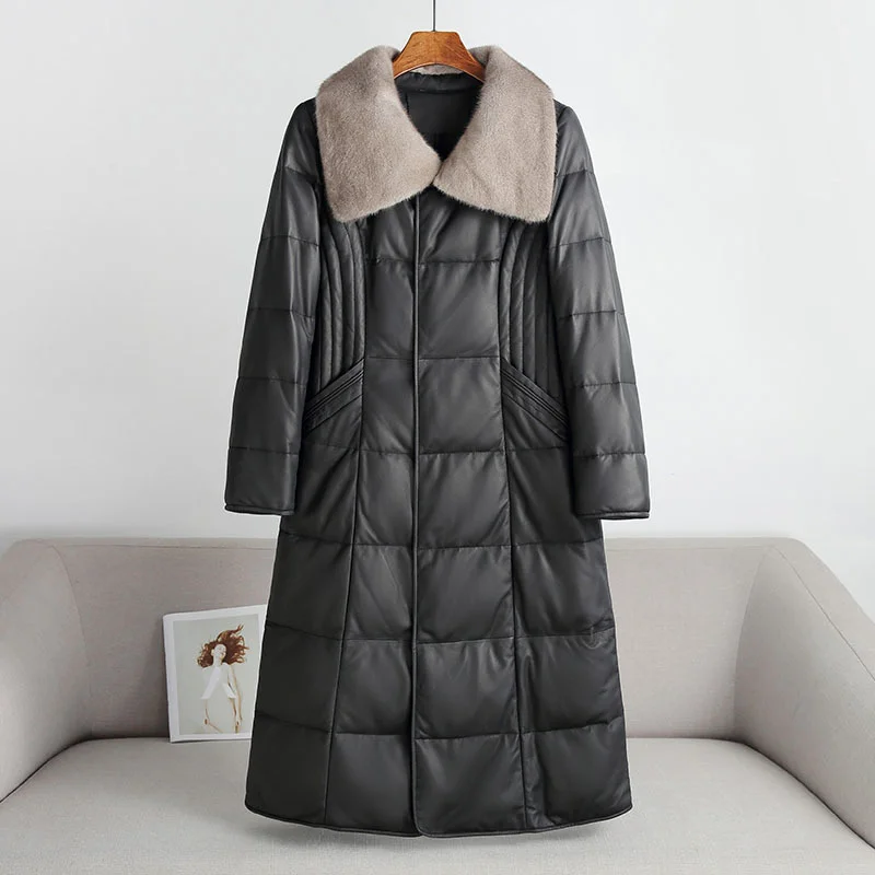 

Женская длинная пуховая куртка, теплая зимняя куртка из натуральной овечьей кожи с меховым воротником, 2023