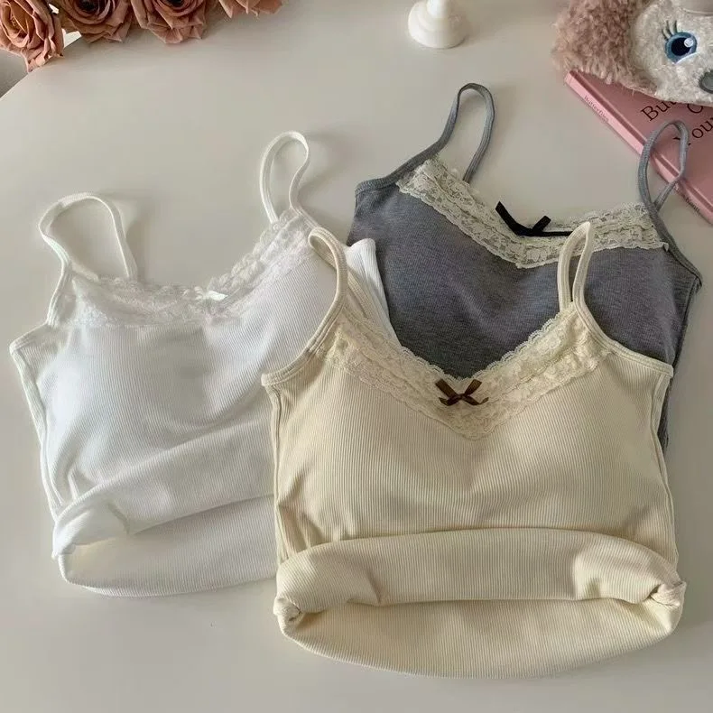 Sexy White Knit Camisole Lace Tank Top Cropped Vest Women's Sleeveless Crop Tops with Chest Pad Y2k Cute Summer Slim Undershirt