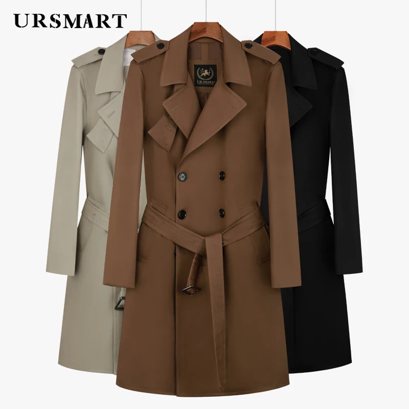 

mid length cotton trench coat for men large lapel with double breasted British fashion coffee loose fit men's down jacket for me
