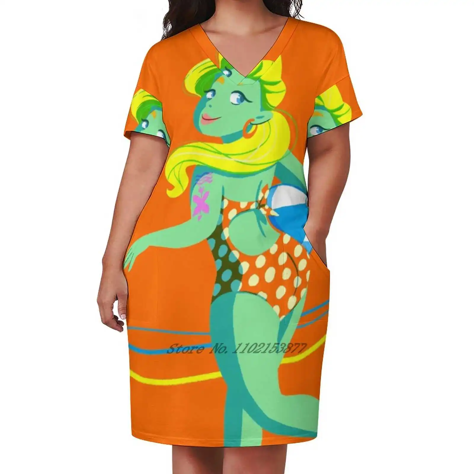 Beachball Loose Pocket Dress Women Casual V Neck Dress Printed Dress Beach Ball Beach Swimsuit Swim Summer Up Retro Pop Art