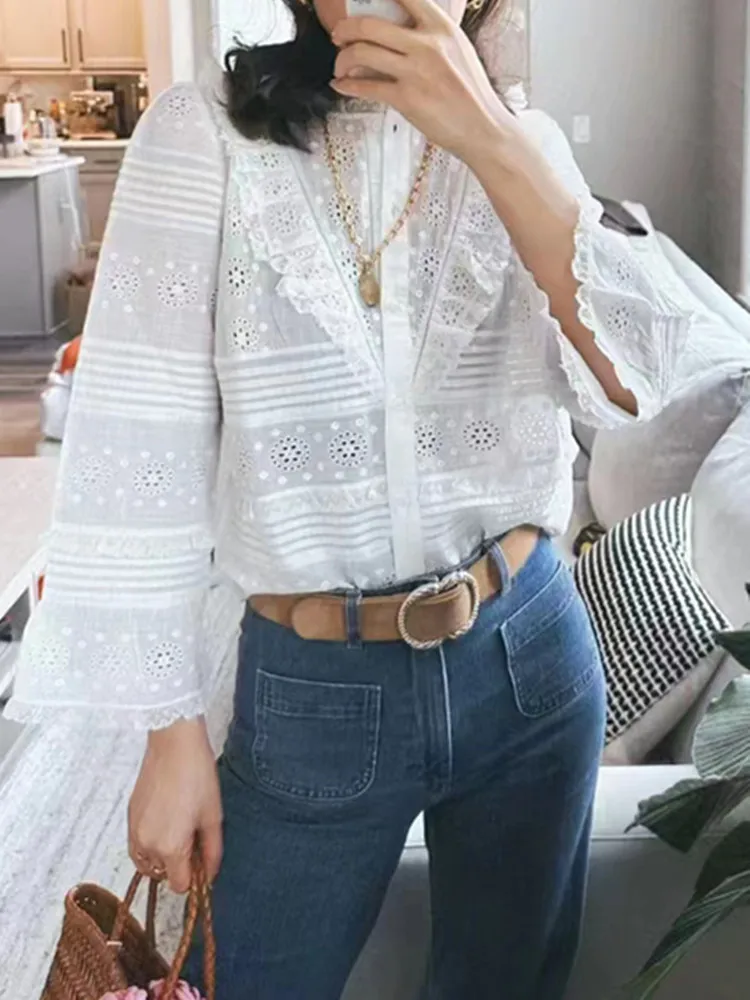 

Exquisite Embroidery Women's Long Flared Sleeve Shirt Lace Splice White 100% Cotton Comfortable Top Lady Single Breasted Blouse