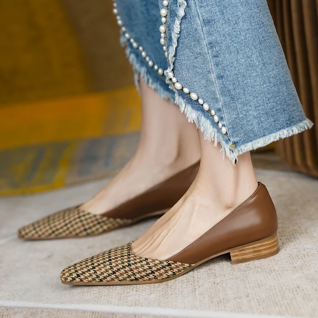 Women Plaid Suide Boat Shoes Square Toe Metal Pumps Costume Tweed Slip on  Low Heels Dress Shoes New Style Designer Shoes 9870N - AliExpress