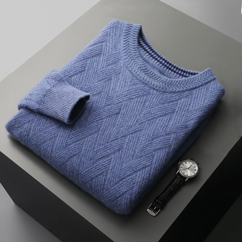 100% pure wool sweater men's round neck jacquard cashmere sweater new thick long-sleeved cashmere sweater in autumn and winter