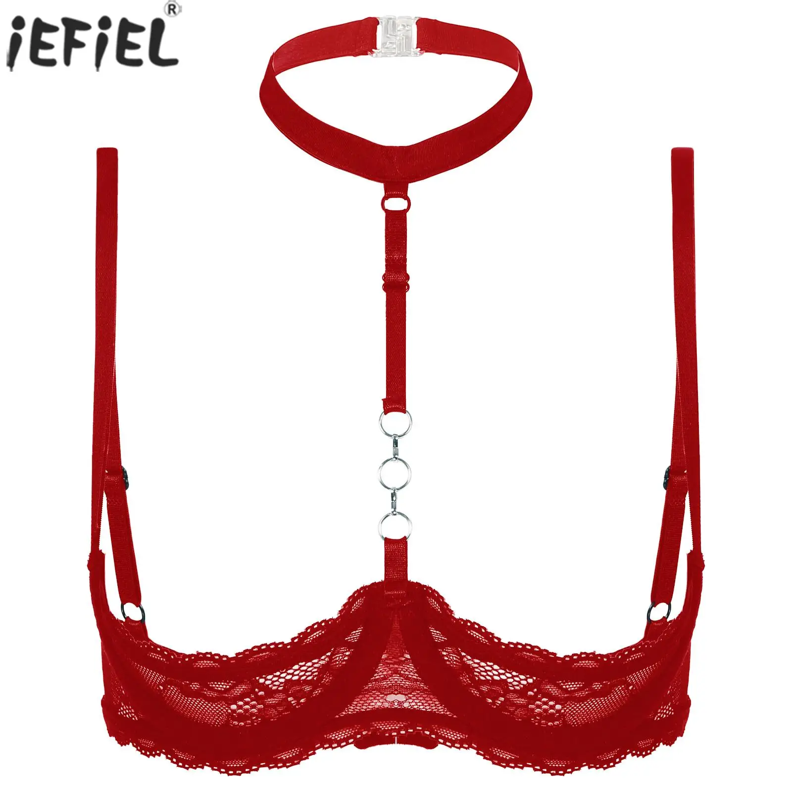 

Womens 1/4 Cups Underwire Bra Halter Neck O Ring Sheer Lace Push Up Brassiere Sexy Erotic Lingerie Underwear
