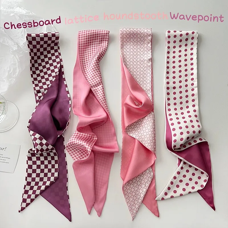 

Luna&Dolphin Women Slim Skinny Scarf Rose Checkerboard Plaid Flower Printed Chiffon Silky Headbands Bandana Hair Ribbon Bag Tie