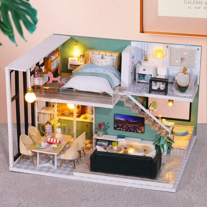 DIY 나무 미니어처 모델 키트 모던 로프트 카사 인형 집, 3D 퍼즐 인형 집, 가구 LED 조명, 친구 선물