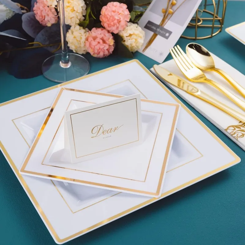 50 Guest Dinnerware Set-Square Plastic Plates, Plastic Forks, Spoons, Knives, Cups，Napkins-Disposable Dinnerware Set for Wedding