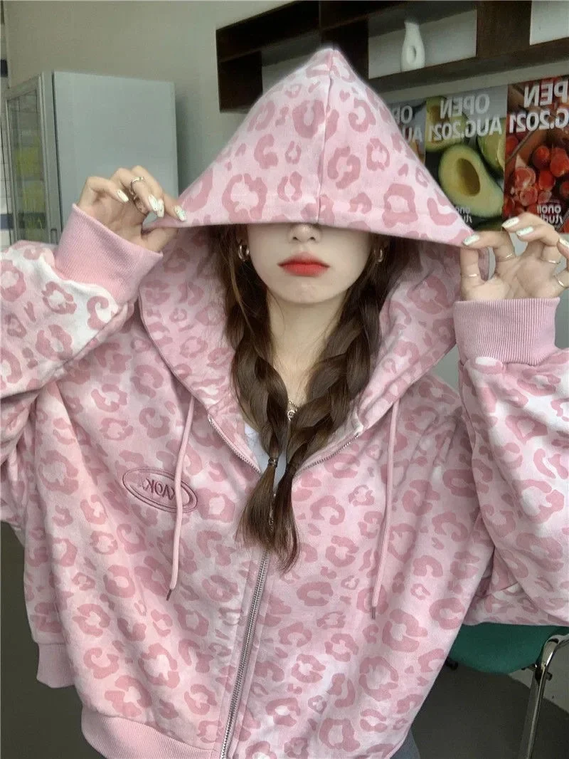 Pink Zip Hoodie Y2k Harajuku Streetwear Leopard Print Ladies
