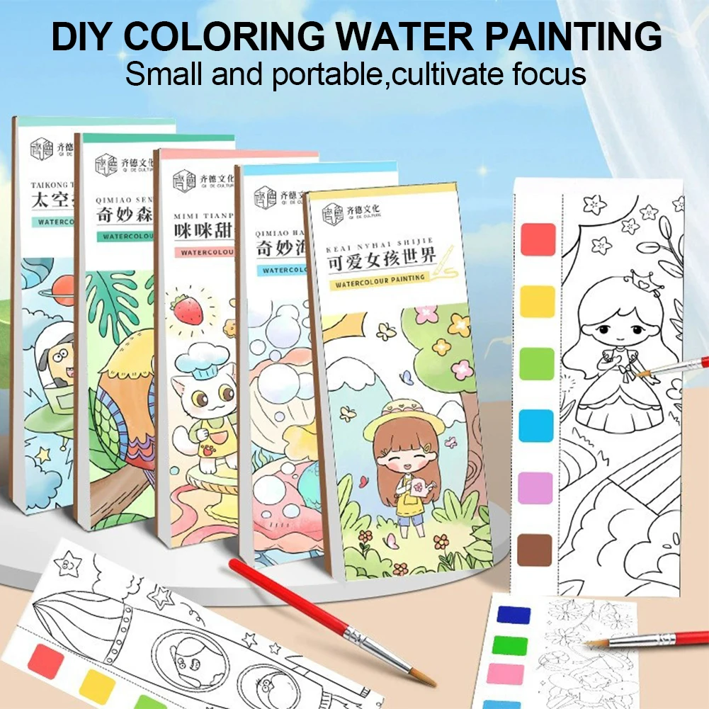 

DIY Coloring Water Painting Watercolor Coloring Book Portable Tearable Bookmark Coloring Book Set with Pen Palette Kids Gifts