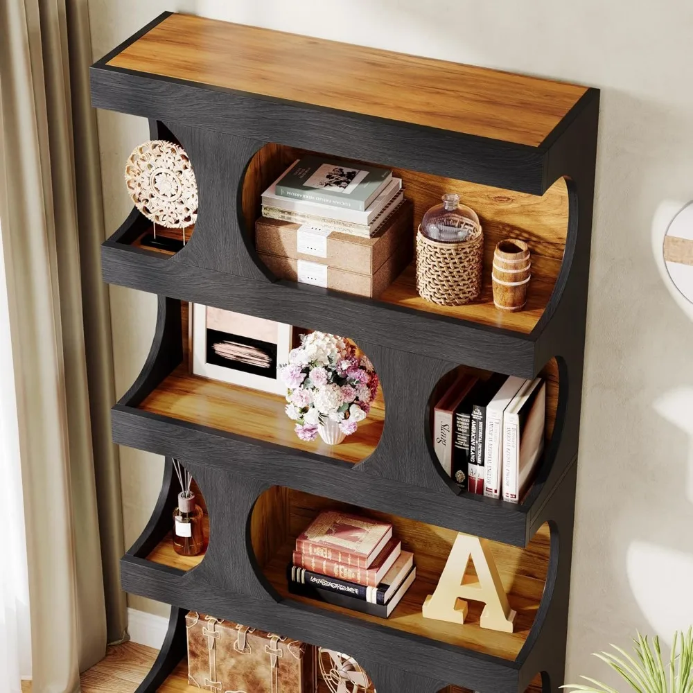 71" Tall Bookcase Set of 2, 4-Tier S-Shaped Bookshelf, Wood Decorative Storage Shelving, Modern Freestanding Display Shelves 6