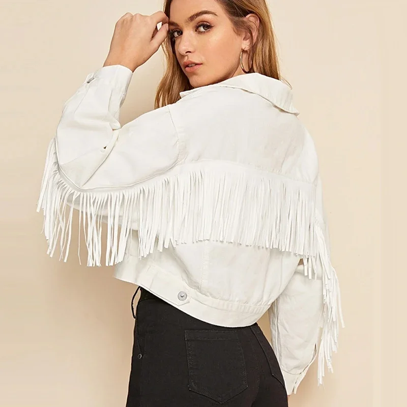 

White Cropped Denim Jacket Women Autumn Personality Tassel Batwing Sleeve Boyfriend Jean Jacket Y2k Top Casual Loose Short Coats