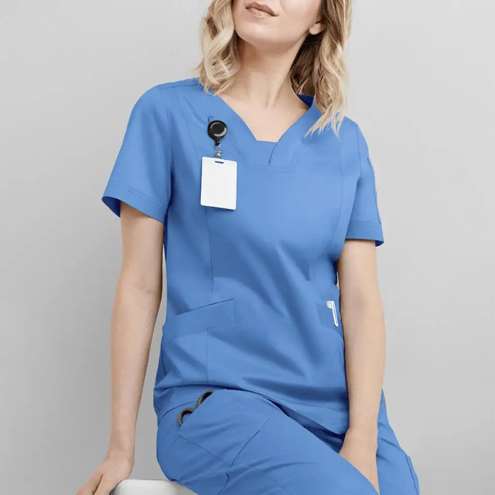 

Женская однотонная блузка с V-образным вырезом, коротким рукавом и карманами