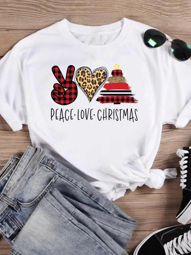 

Print T Top Love Heart Plaid Cute Women Holiday Clothing Merry Christmas Fashion Female Shirt Graphic Tee New Year T-shirts