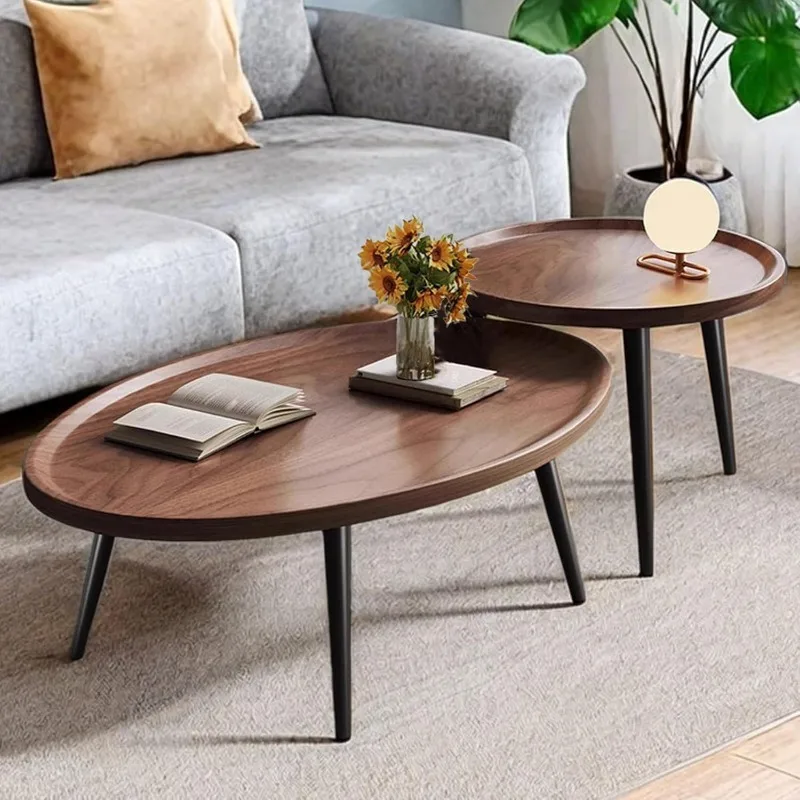 Mid Century Modern Coffee Table, Nesting Coffee Table Set of 2，Oval+ Round Side Table Set for Living Room 4