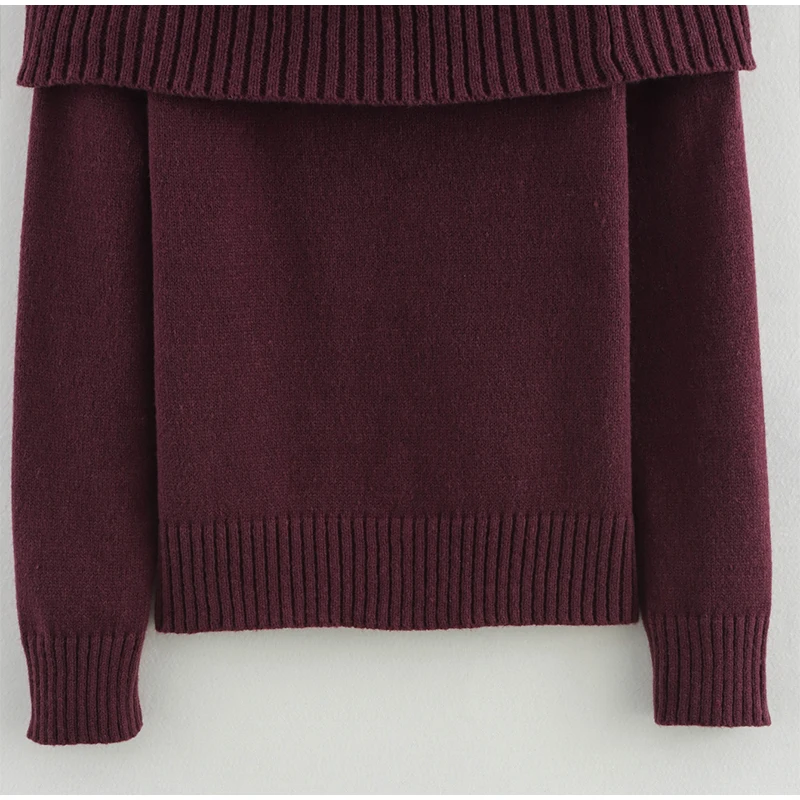 Suéter elegante burdeos con hombros descubiertos para mujer, jersey de punto de manga larga ajustado, prenda informal de punto de calle de primavera 2025