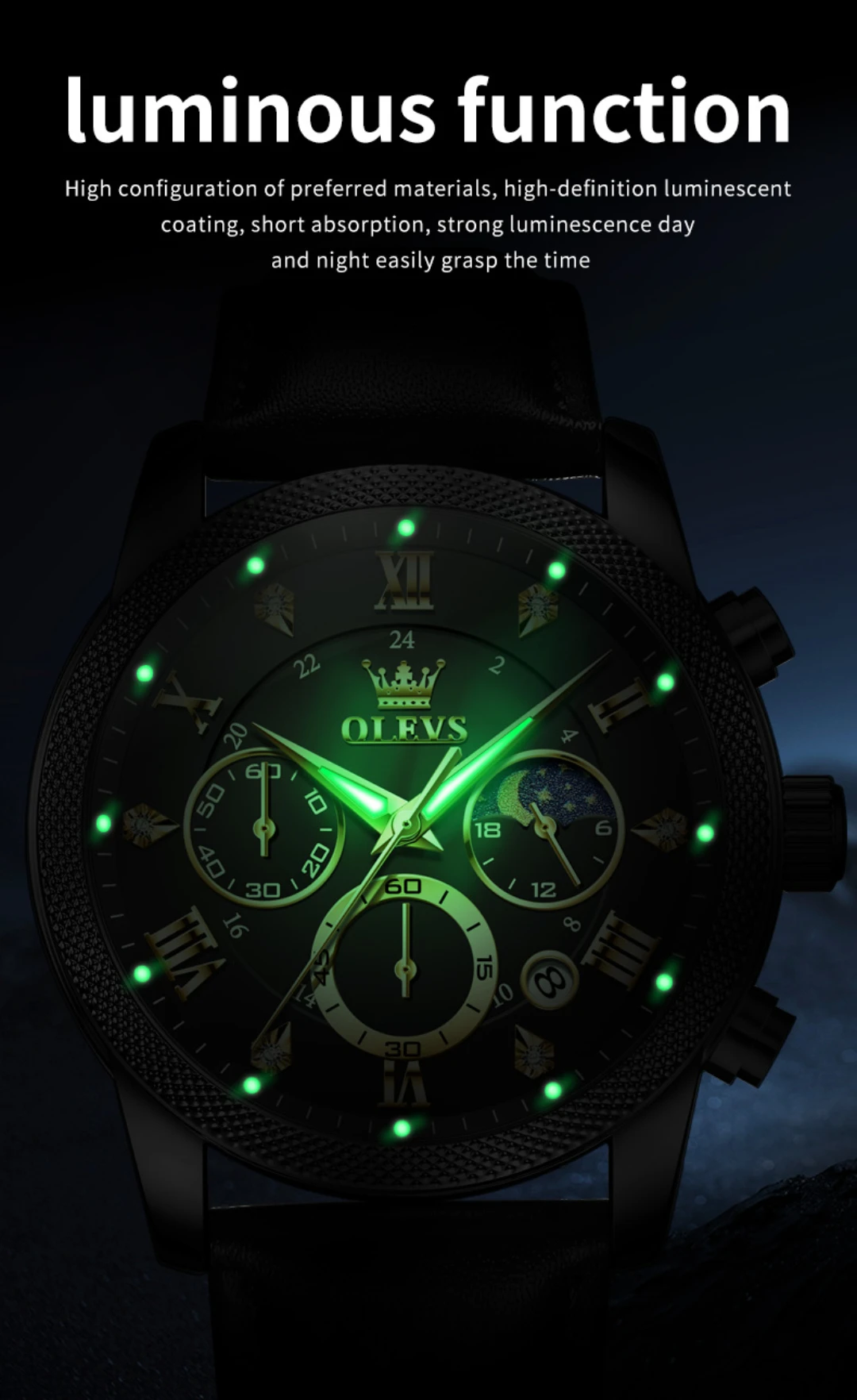 OLEVS 3660 Leather Chronograph Watch For Mens description image 10