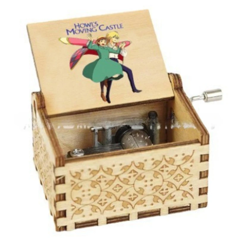 Wooden laser engraving music box Hal's castle gift peripheral children's birthday gift hand crank music box 4
