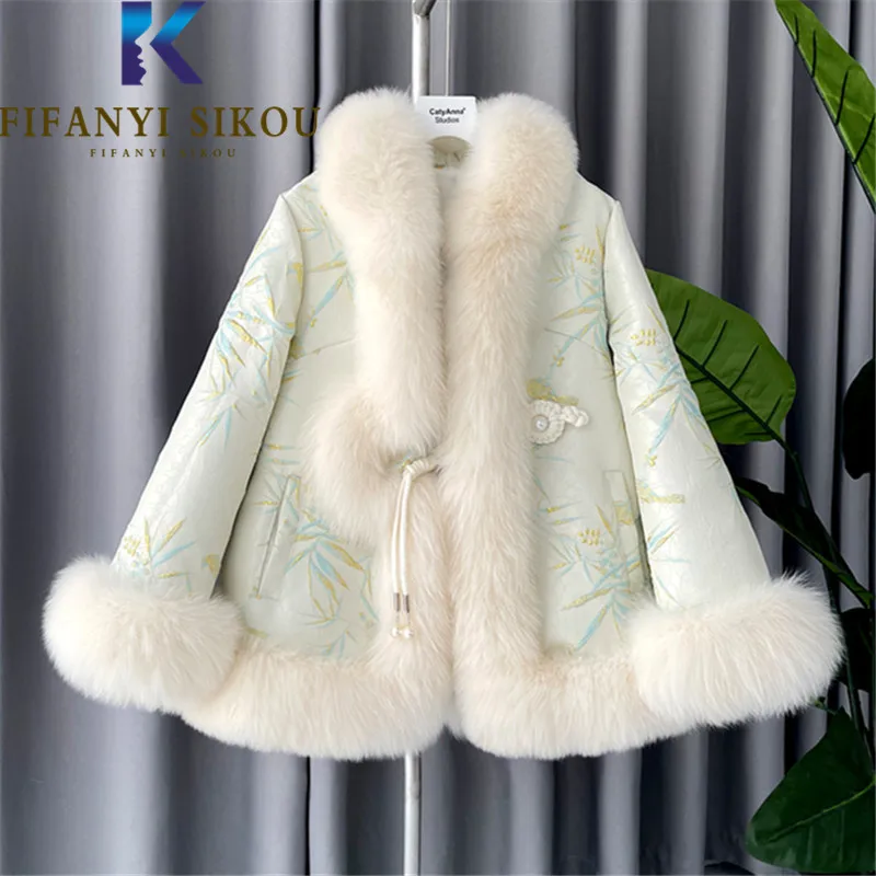 

Женское зимнее меховое пальто в китайском стиле, модная Свободная куртка из искусственного лисьего меха с вышивкой, высококачественное плюшевое толстое теплое пальто