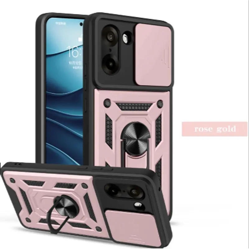 Slide Lens Cover with Magnetic Ring Stand Holder - Shockproof Armor Protection Phone Case