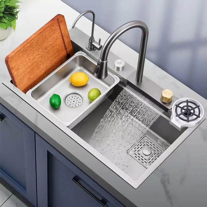 

Kitchen 304 stainless steel rainwater waterfall sink household sink black nano-large washbasin single sink