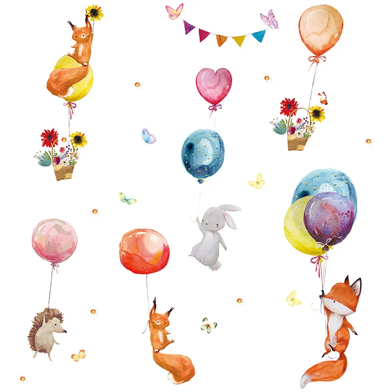 Wall Stickers Cartoon Colorful Balloons Animals Wall Stickers for Kids Room Baby Nursery Room Decoration Wall Decals PVC Fox Bunny Stickers