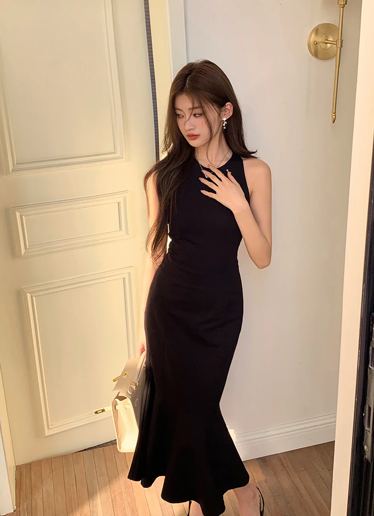 

2024 Elegant Black Trumpet Dress Sleeveless Office Lady Party Night Club One Piece Holiday Ankle-Length Dress Vestido Sundress