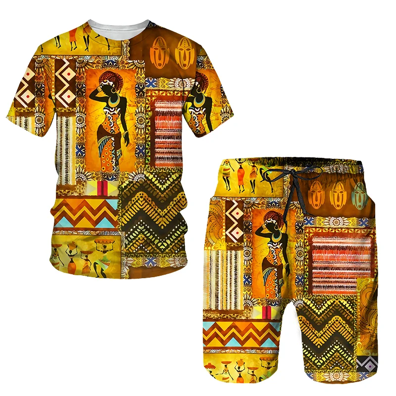 Men's Summer Tracksuit 2 Pieces African Totem T-Shirt Shorts Set Casual Suit Outdoor Clothing Male Outfit Oversized Streetwear