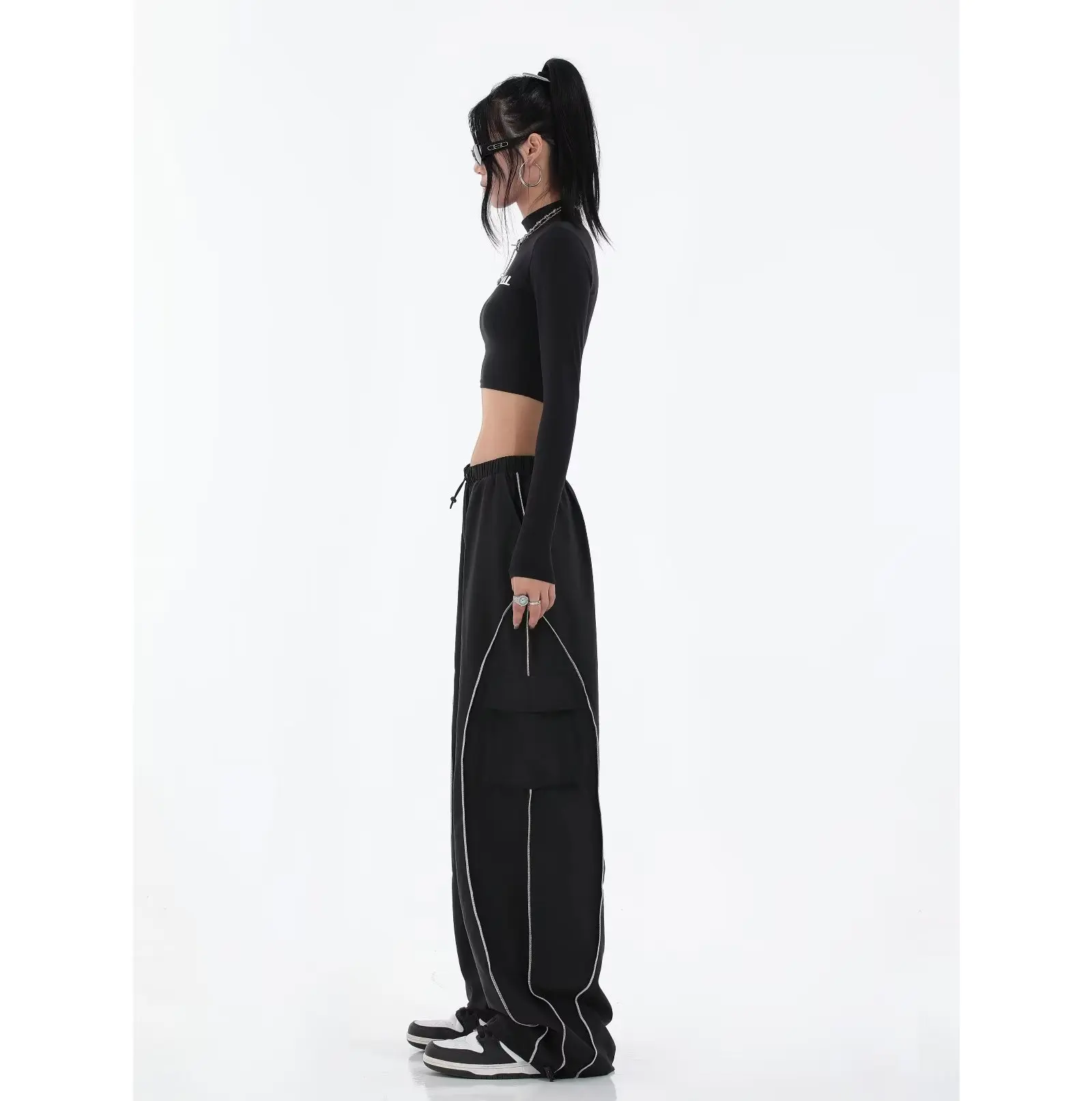 MODX Black Loose Retro Casual Pants Women's High Waist Slim Sports Pants Drawstring New Style