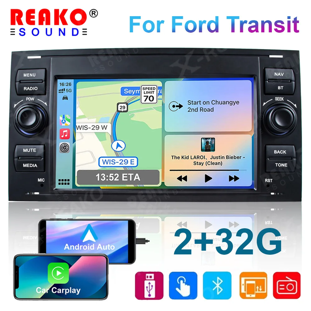 

REAKOSOUND 2din Carplay for Ford Focus Transit C-MAX S-MAX Mondeo Fiest Android 12 Car Radio Multimedia Player GPS Navigation BT