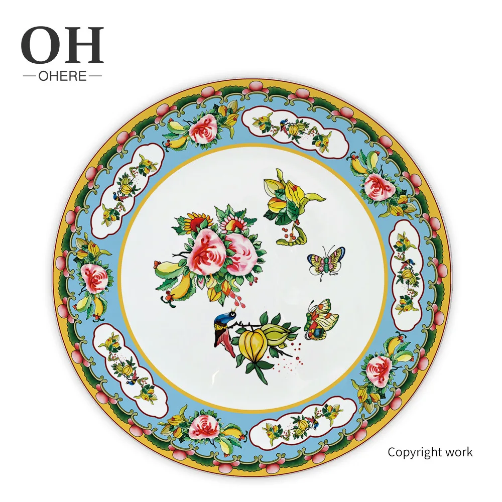 

European Luxury Enamel Colored Bone Porcelain Dining Plate Business Gift Porcelain Set