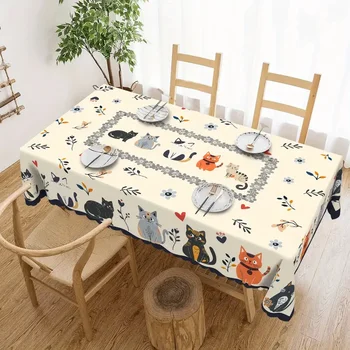 Cute Cat Floral Printed Rectangle Tablecloth Wedding Party Decor Orange Black Gray Cats Polyester Table Cloth Dining Table Decor