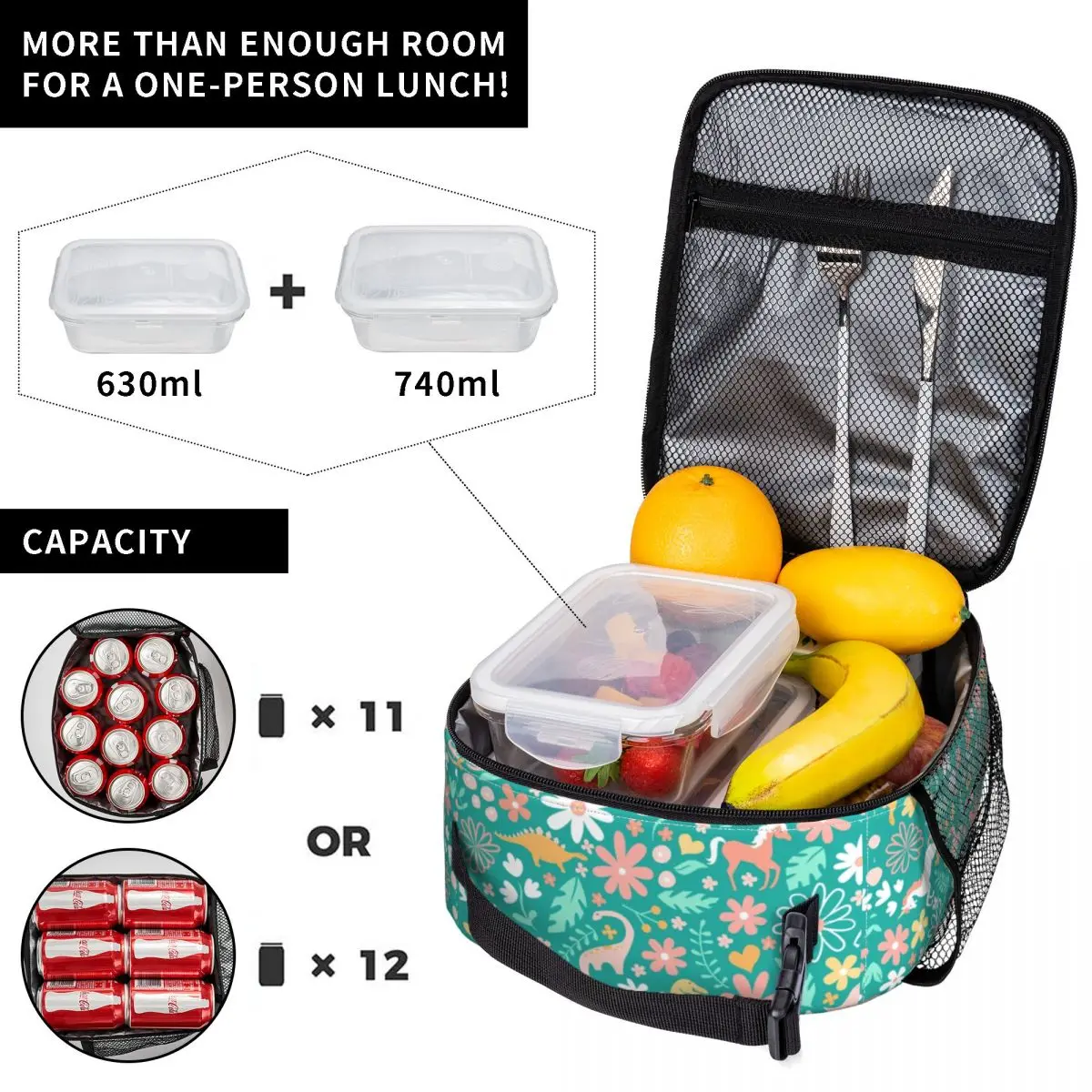 Cute Unicorn And Dinosaur Print Insulated Lunch Bags for Work School Portable Cooler Thermal Bento Box Women Children