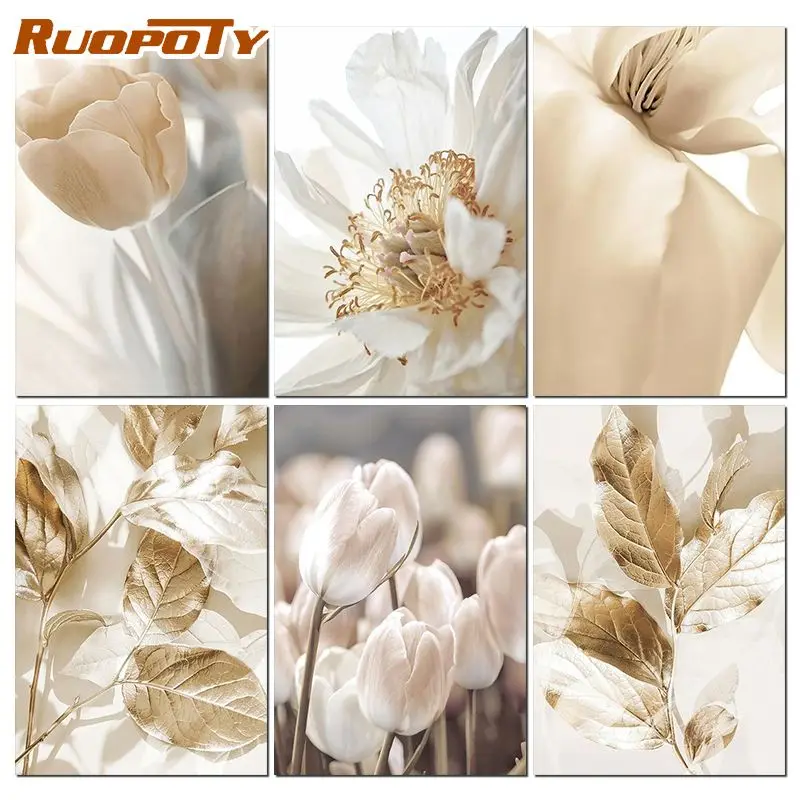 RUOPOTY 60×75cm Diy Frame White Flowers Painting By Numbers Canvas
