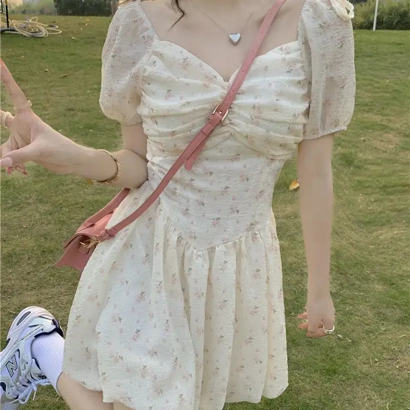 

Dresses for Women Sweet Puff Sleeve Floral Print Square Collar Mid-Calf Summer Dress Korea Chic Slim Women's Summer Sundresses