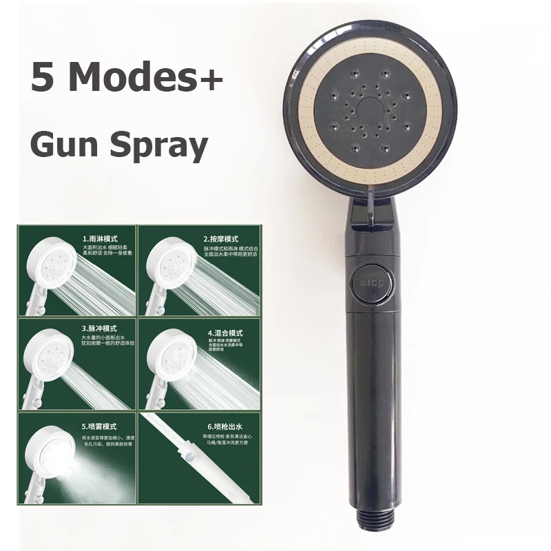 Sleek Black and Silver High-Pressure Shower Head with 5 Water-Saving Modes - Luxurious Spa Experience Handheld Shower Accessory