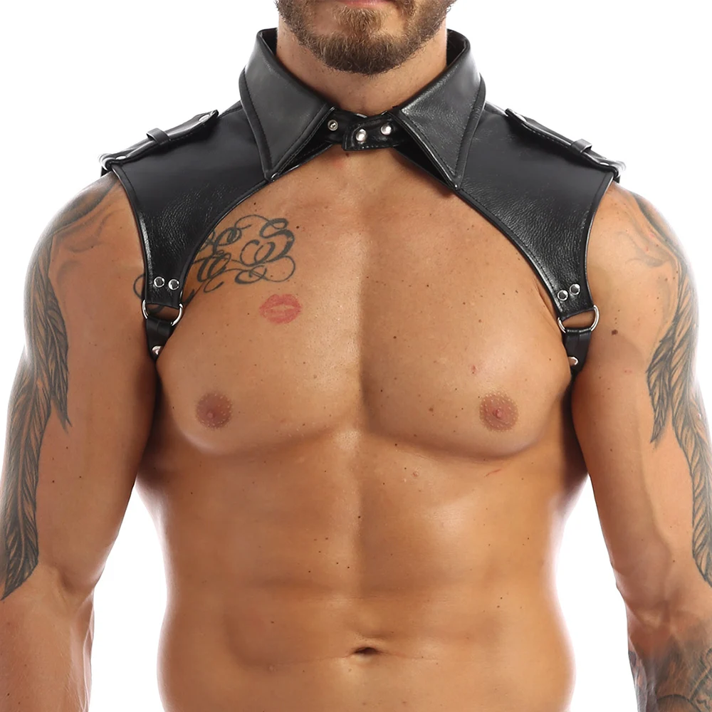 Men's Black Leather Harness Sexy Collar Male Adult Erotic Costumes Role Play Chest Belts Club Dancer Gogo Boy Stripper Outfits