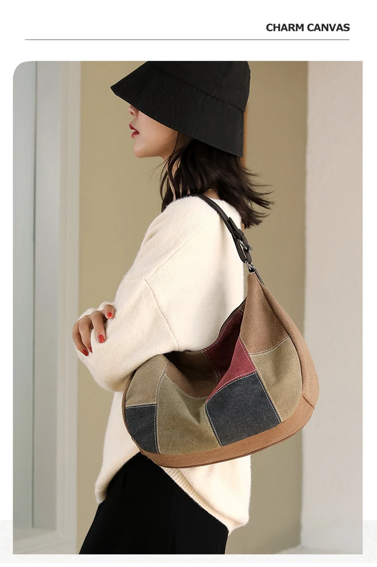 Vintage Canvas Tasche Damen Große Kapazität Einzelne Umhängetasche Farbe Patchwork Umhängetasche Damen Tragbare Pendlertasche – Detail 1