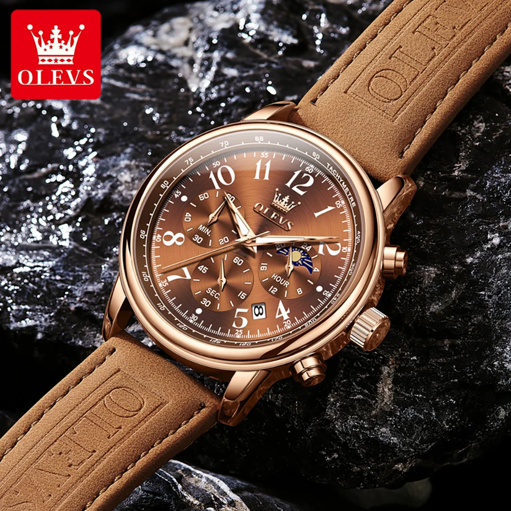 OLEVS New Brown Quartz Watch for Men Sports Leather Waterproof Luminous Classic Mens Watches Top Brand Luxury Wristwatch Reloj