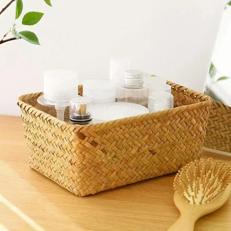 IGNPION Cestino portaoggetti in alghe marine con coperchio, cestino rettangolare da scrivania in alghe marine intrecciate, organizer da bagno, mensole e scrivanie, cestino decorativo multiuso