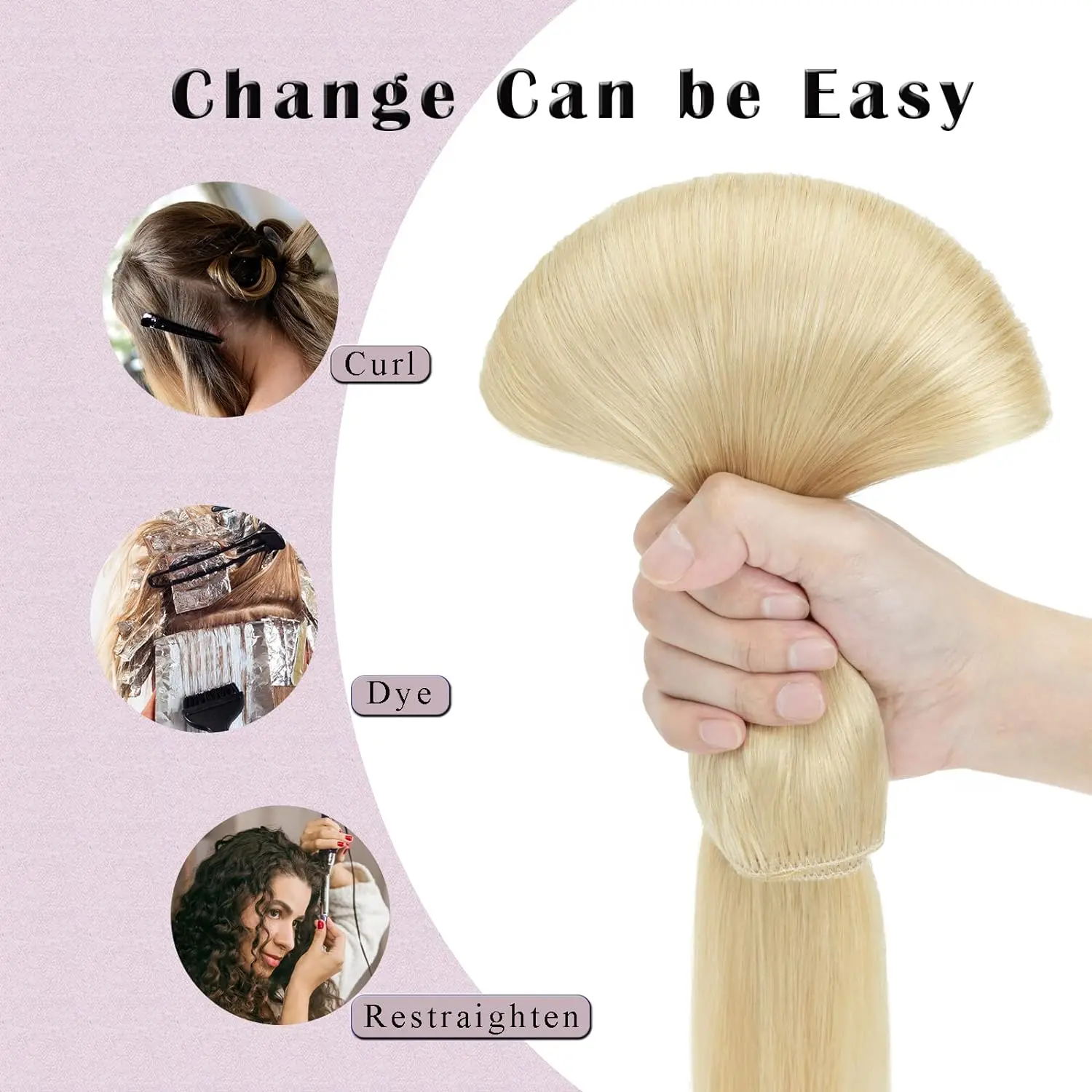 Straight Clip in Hair Extensions One Piece 5Clips 3/4 Full Head Shaped Weft Thicker Hair Blonde Mix Bleach Blonde #613 for Women