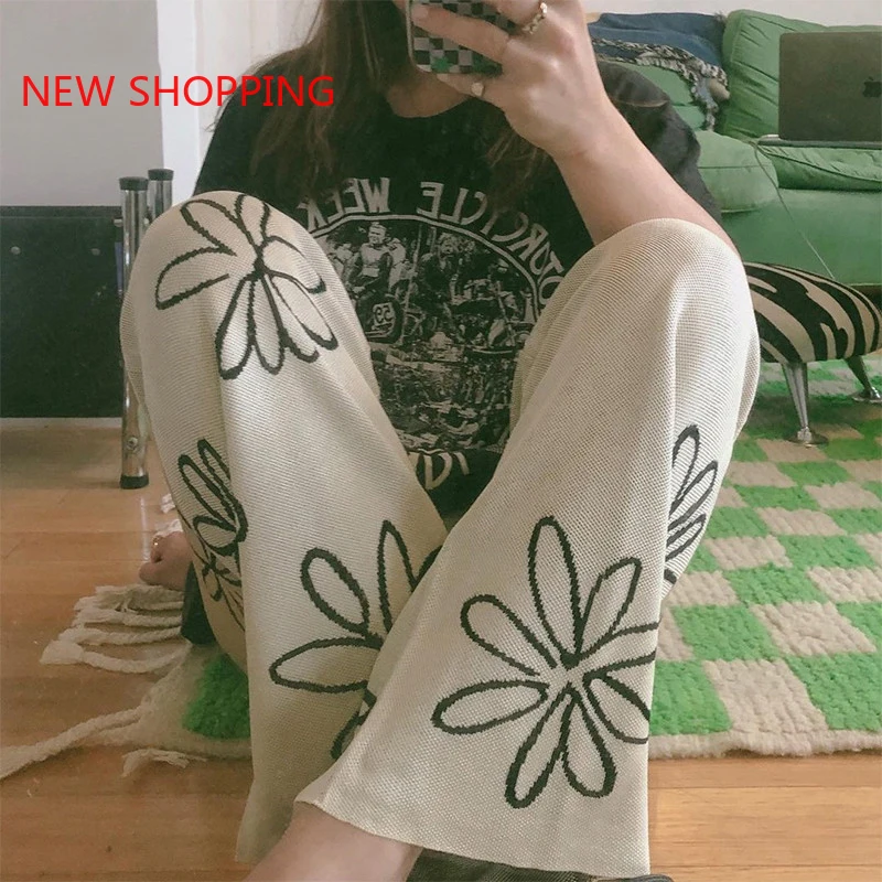 Vintage Floral Print Knitted Pants Y2K Women 2000s Aesthetic Straight Trousers Korean 90s Retro Pants 2024 Streetwear Harajuku