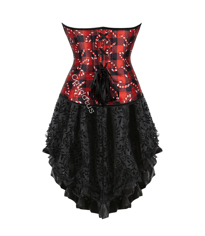 Red Corset Dress Tutu Skrits Set Christmas Print With Lace Costume Party Sexy Burlesque Ladies Basques Outfit Plus Size Gothic