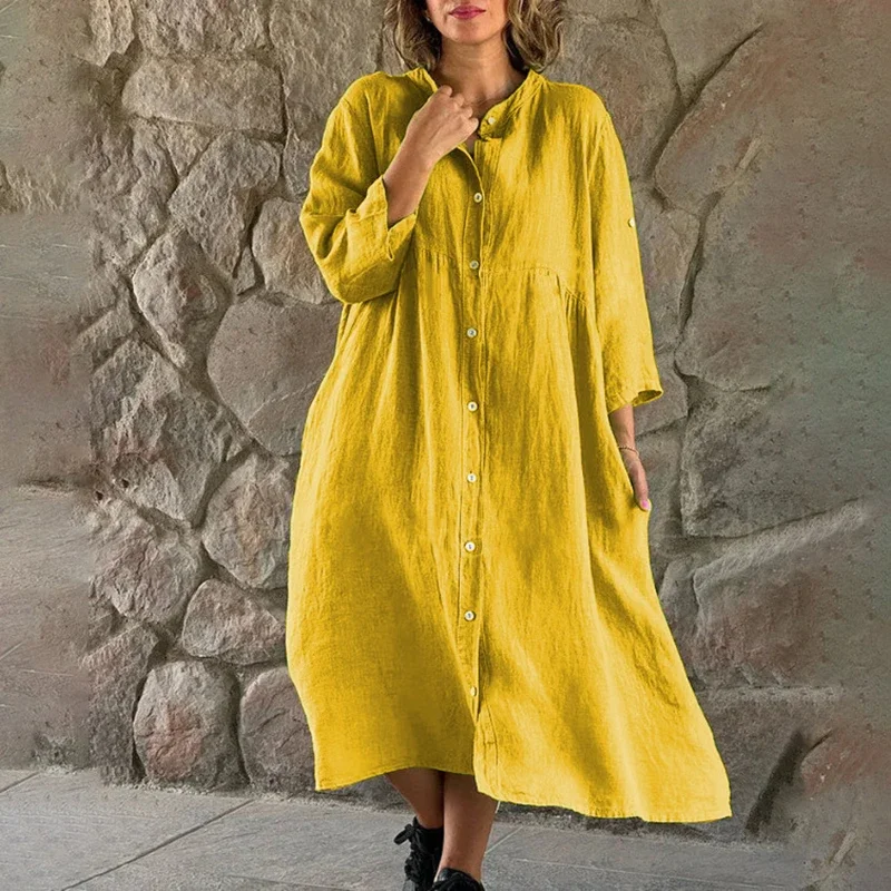

Solid Dress For Women Spring Autumn New Long Sleeve Button O-neck Loose Fashion Elegant Commute Female A-line Casual Dress