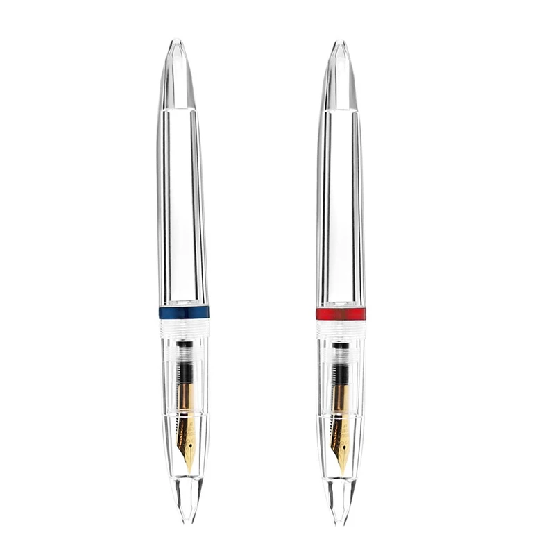 

2Pcs 0.5Mm Nib Fountain Pen With Eyedropper High Capacity Transparent Pens Office School Supplies - Blue & Red