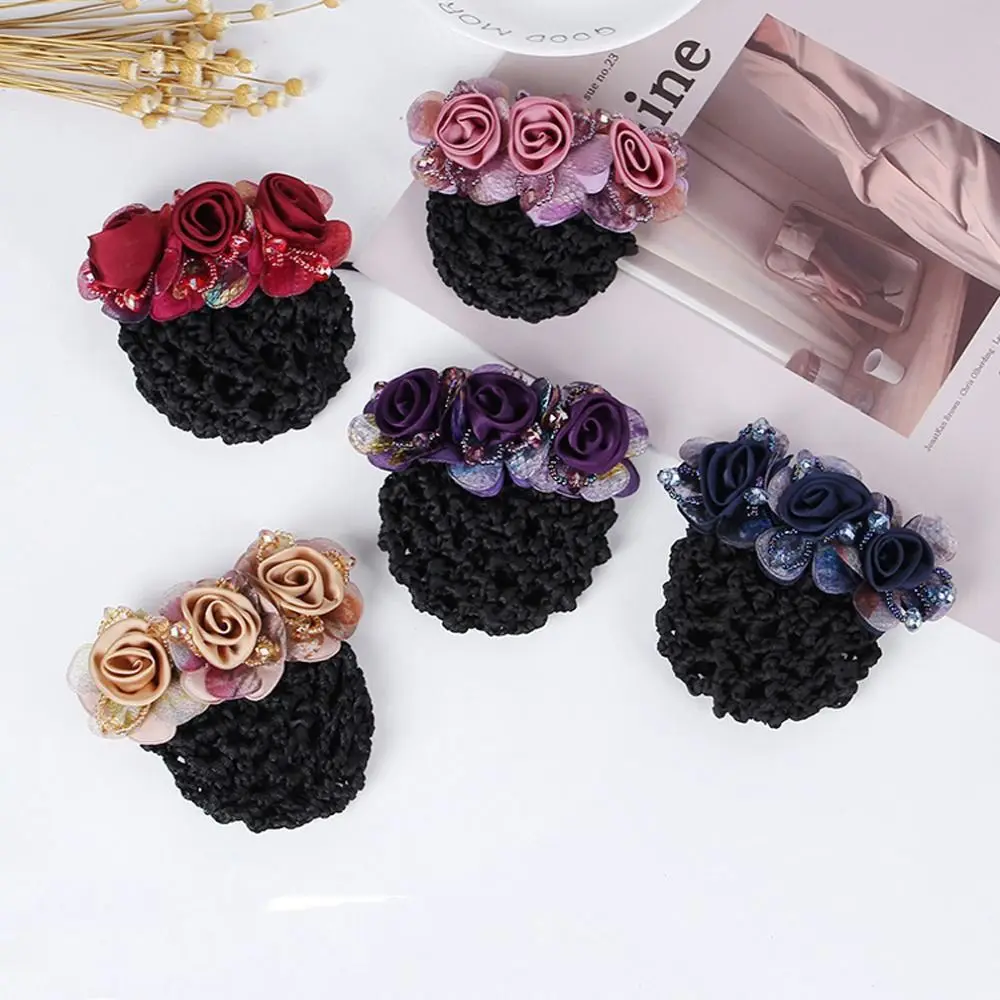 

Crochet Hair Clip Spring Clip Barrettes Women Bun Net Crystal Hairnet Cover Flower Bun Snood Zircon