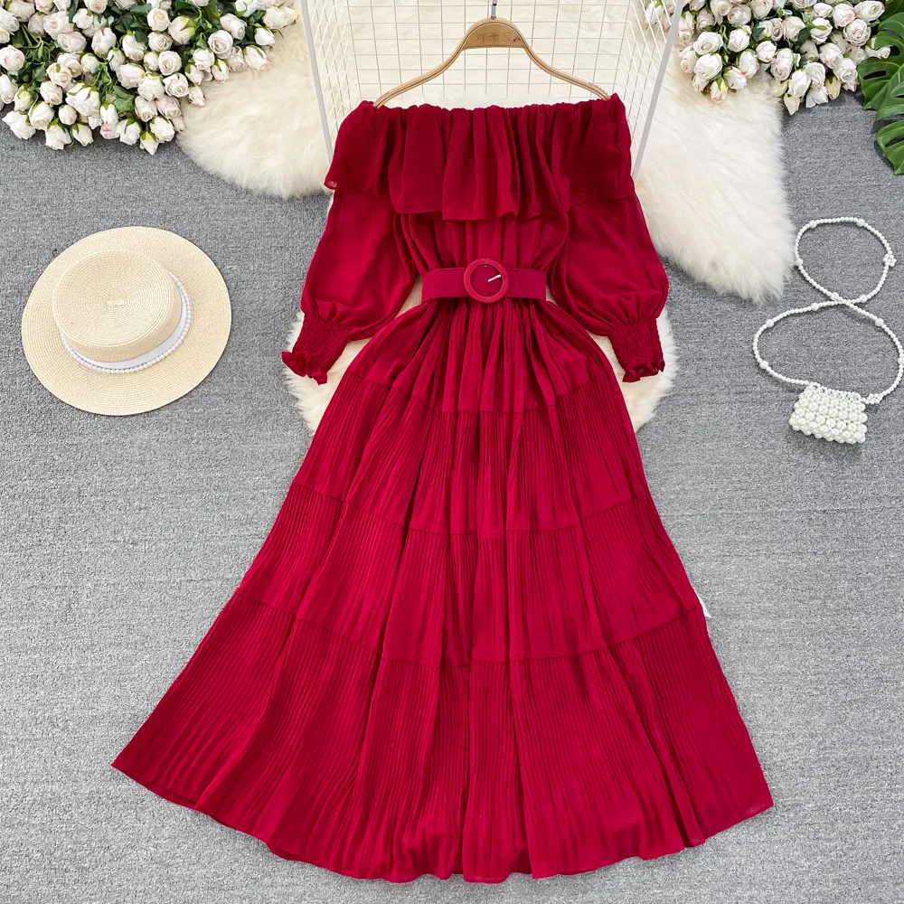Women Vintage Off Shoulder Dress Chiffon Summer Sweet Lotus Leaf Edge Elegant Pleated Dresses Ladies Evening Party Long Dress