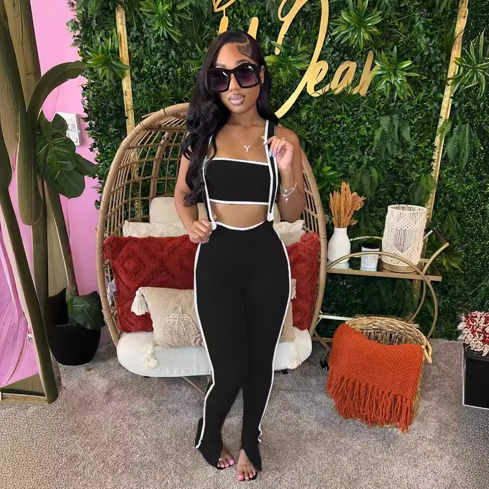 2024 Women's Fitted Ribbed Jumpsuits Two-Piece Outfits Casual Patchwork Knitted Romper Night Club Outfits Rave Wear Overalls