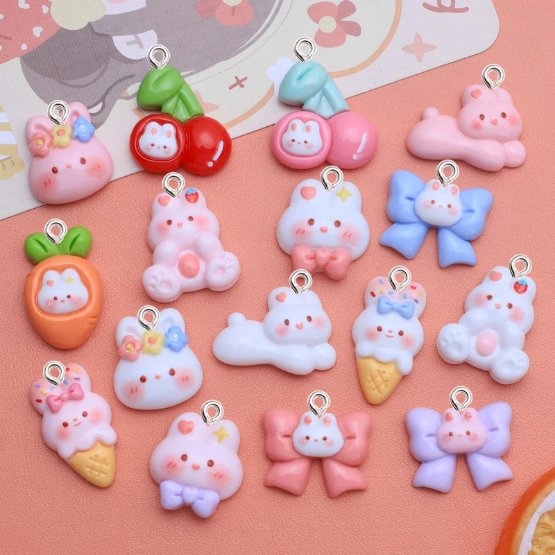 

10Pcs Glossy Love Heart Rabbit Resin Charms Kawaii Keychain Flatback Pendant Girl Earrings Necklace Decorate Supplies DIY Making
