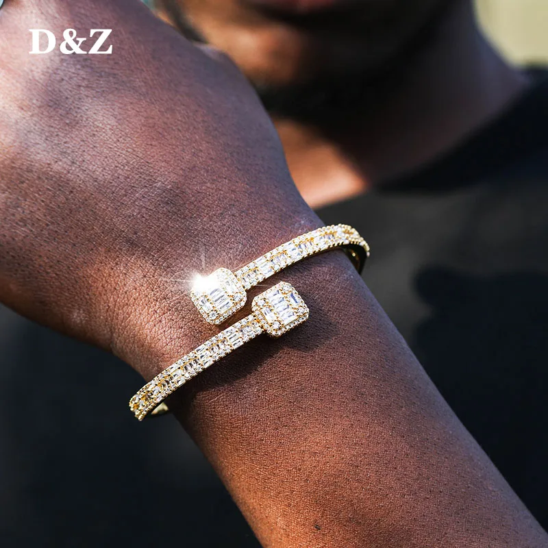 

D&Z New Opened Square Baguette Charm Bracelet Gold Silver Color Iced Out AAA CZ Bangle For Women Wedding Bride on Hand Gift