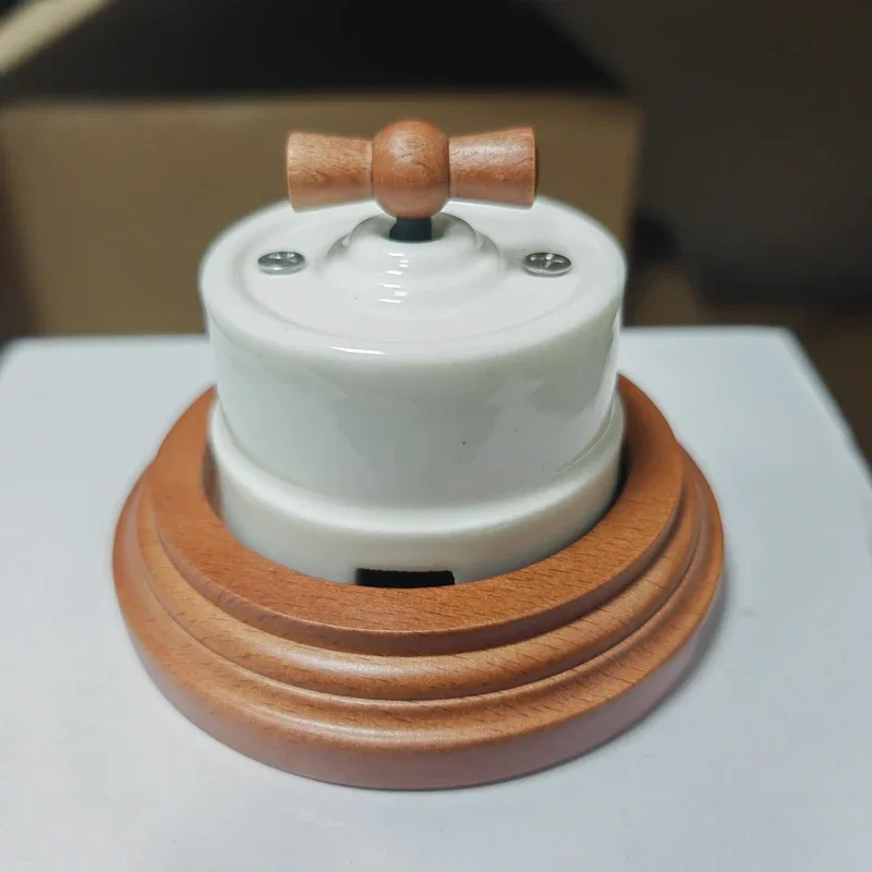 High-quality White Ceramic Rotary Switch EU Socket Retro Wall Surface Installation Knob Switch - 4